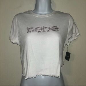 Bebe White Short Sleeve Tee with Logo Detail and Lettuce Hem NWT